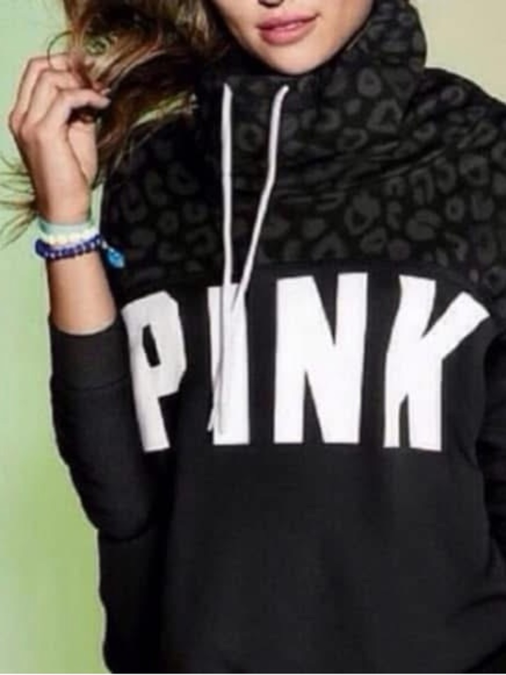 PINK Victoria's Secret Black Cowl Neck with White Logo and Leopard Yoke